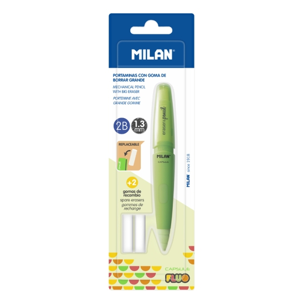 milan capsule fluo portaminas 1.3mm incluye 2 gomas de recambio colores surtidos