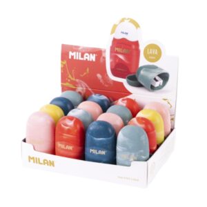milan capsule lava expositor con 16 afilaborras goma miga de pan deposito integrado cuchilla de acero de seguridad colores surtidos