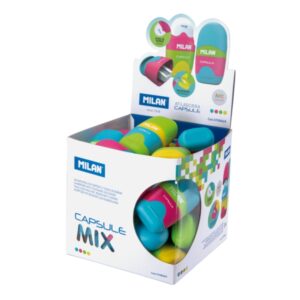 milan capsule mix expositor con 24 afilaborras goma miga de pan deposito integrado cuchilla de acero de seguridad colores surtidos