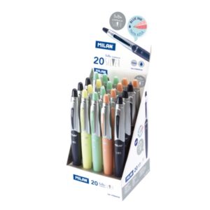 milan capsule silver expositor con 20 boligrafos de bola retractiles punta redonda 1mm tinta azul colores surtidos