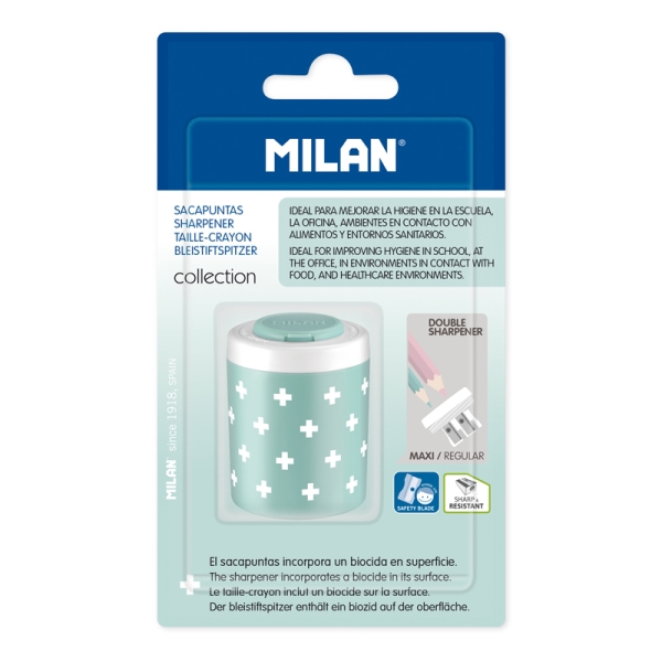 milan collection + sacapuntas doble con deposito agujero normal y maxi superficie antibacteriana color turquesa