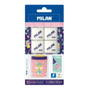 milan collection fairy tale pack de sacapuntas + 4 gomas 430 colores surtidos