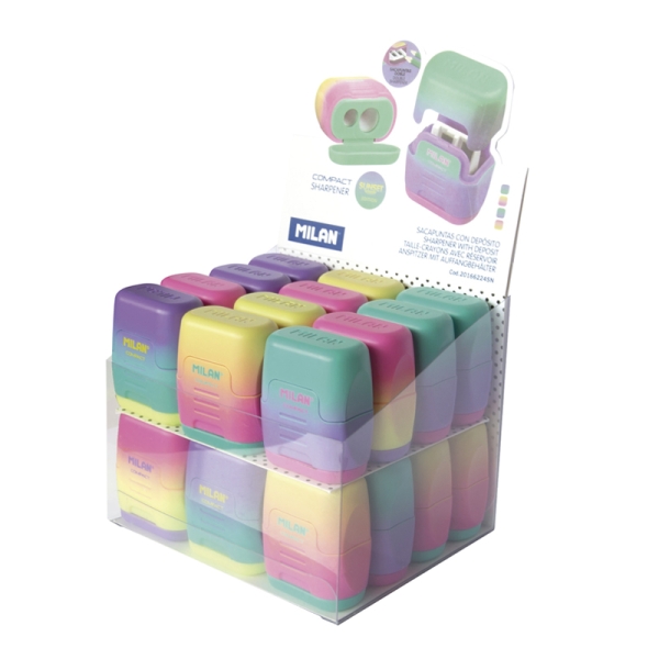 milan compact sunset expositor con 24 sacapuntas dobles regular y maxi deposito integrado cuchilla de acero de seguridad colores surtidos
