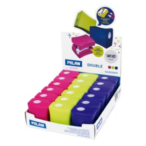 milan double acid expositor con 18 sacapuntas regular y maxi deposito integrado cuchilla de acero de seguridad colores surtidos