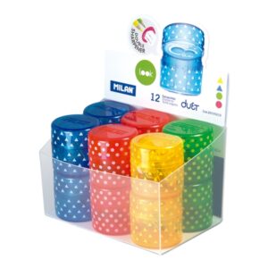 milan duet look expositor con 12 sacapuntas doble regular y maxi deposito integrado cuchilla de acero de seguridad colores surtidos