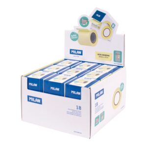 milan expositor con 18 rollos dispensadores de banda de papel adhesivo arista para cortes precisos 5cmx10m color amarillo pastel