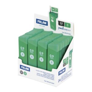 milan expositor con 24 cajas de 12 minas grafito 0.9mm dureza b color gris oscuro