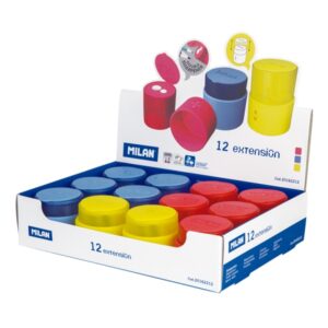milan extension expositor con 12 sacapuntas doble regular y maxi deposito integrado cuchilla de acero de seguridad colores surtidos