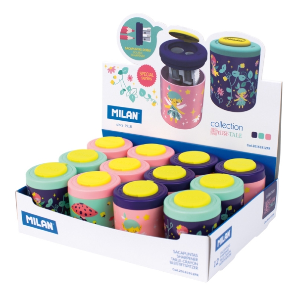 milan fairy tale expositor con 12 sacapuntas doble regular y maxi deposito integrado cuchilla de acero de seguridad colores surtidos