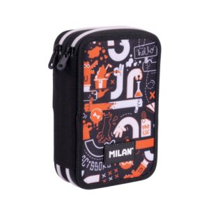 milan fingers plumier de 2 pisos con regla sacapuntas gomas de borrar lapices de grafito y de colores rotuladores boligrafo azul 19.5x13x5cm color naranja
