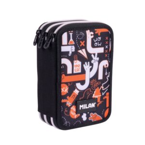 milan fingers plumier de 3 pisos con goma de borrar sacapuntas lapiz 3 boligrafos regla 12 lapices de colores 6 lapices de colores metalizados 5 fluorescentes tijeras y 18 rotuladores 19.5x13x7.5cm color naranja