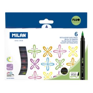 milan fluo pack de 6 rotuladores punta pincel colores fluo tinta al agua punta de pincel 0.5 a 6mm colores fluorescentes surtidos