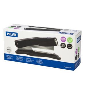 milan grapadora metalica cuerpo de plastico hasta 20 hojas base 14.5cm grapas 24/6 y 26/6 color negro