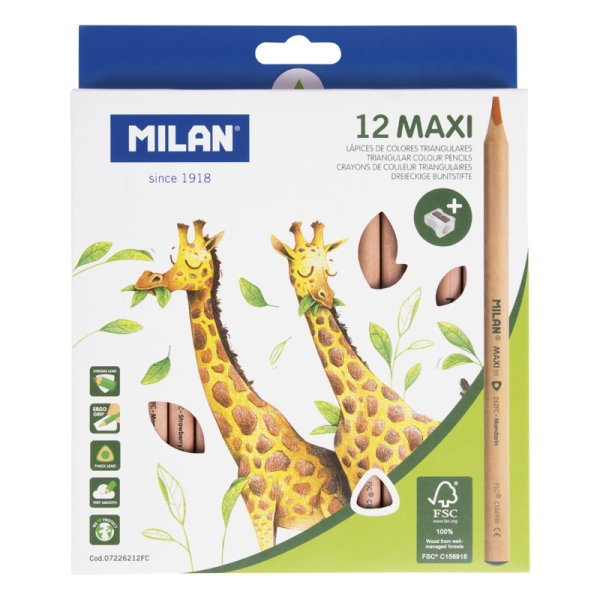 milan maxi pack de 12 lapices de colores madera certificada fsc incluye sacapuntas triangulares colores surtidos