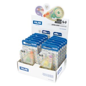 milan new look expositor con 12 blisters de cinta correctora presentacion en blister 5mm x 15m colores surtidos