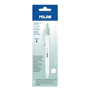 milan p1 + blister con 1 boligrafo de bola retractil tinta azul punta redonda 1mm superficie antibacteriana color blanco