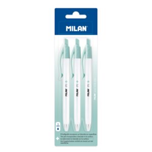 milan p1 + pack de 3 boligrafos de bola retractiles tinta azul punta redonda 1mm superficie antibacteriana color blanco