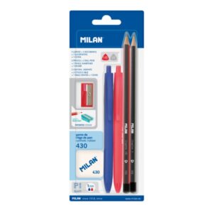 milan p1 touch pack de 2 boligrafos + 2 lapices + goma 430 + sacapuntas tinta azul y roja durezas hb y h colores surtidos