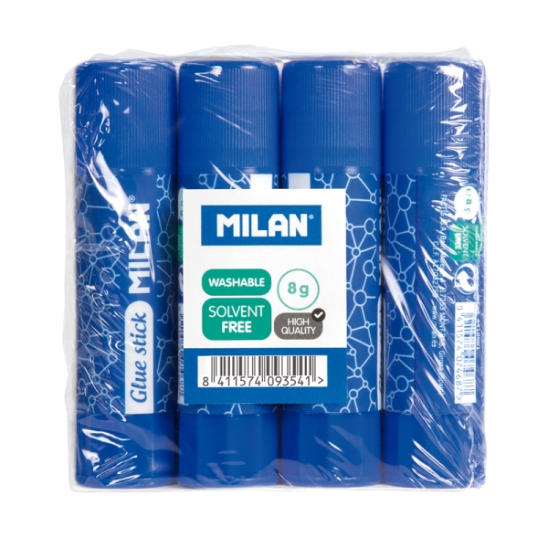 milan pack 4 barras de pegamento 8 g multiusos multisuperficies sin disolventes uso escolar color azul