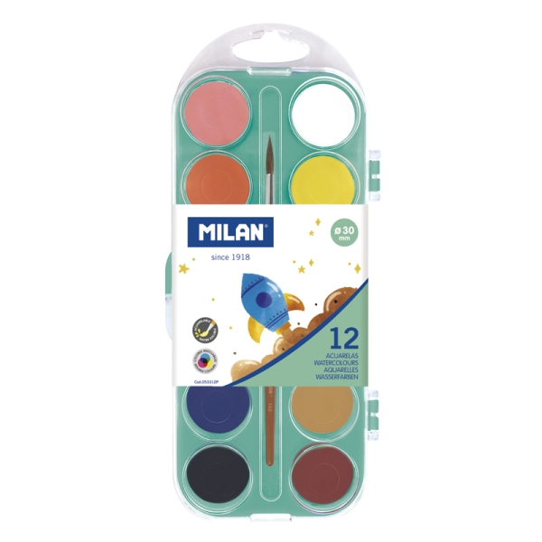 milan paleta de 12 acuarelas opacas de 30mm practico estuche incluye pincel colores surtidos
