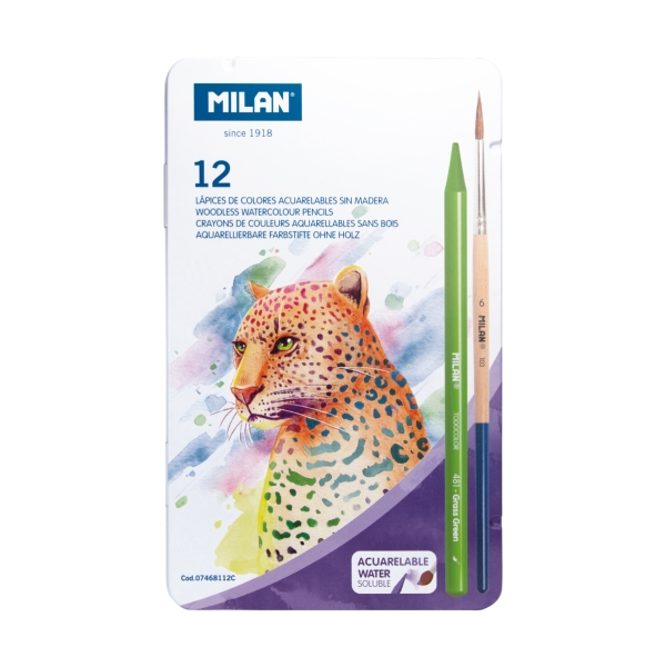 milan pack de 12 lapices de colores acuarelables caja metalica todo mina incluye pincel colores surtidos
