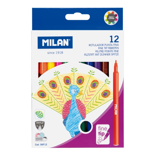 milan pack de 12 rotuladores tinta al agua punta fina 2mm 154mm colores surtidos