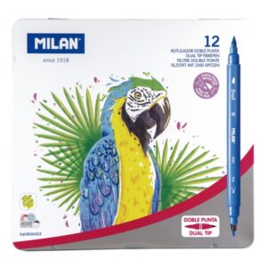 milan pack de 12 rotuladores doble punta caja metalica punta fina 2mm pincel 0.5 a 4mm colores surtidos