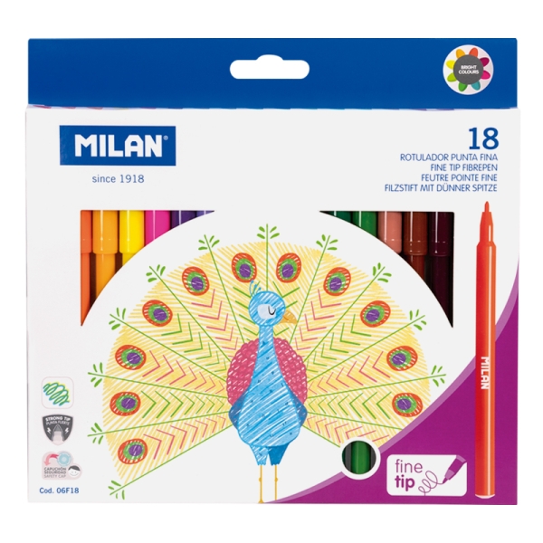 milan pack de 18 rotuladores tinta al agua punta fina 2mm 154mm colores surtidos
