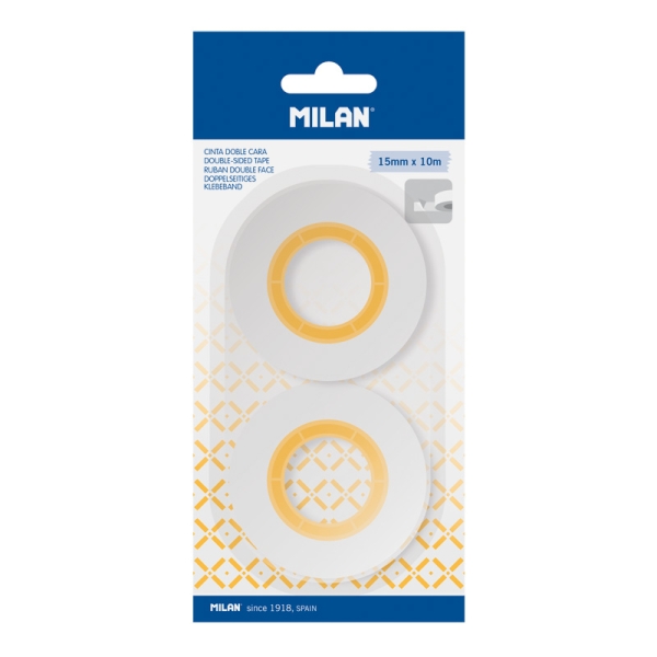 milan pack de 2 cintas adhesivas de doble cara 15mm x 10m color transparente
