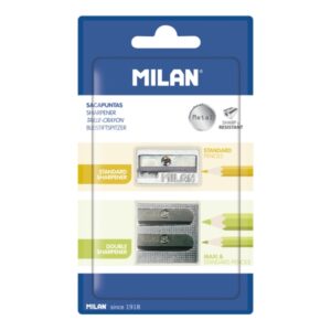 milan pack de 2 sacapuntas de aluminio sin deposito 1 estandar 1 doble para normal y maxi color plata