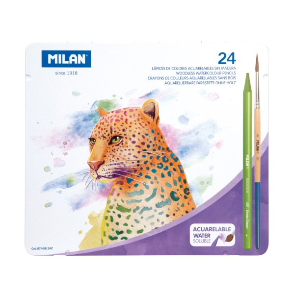 milan pack de 24 lapices de colores acuarelables caja metalica todo mina incluye pincel colores surtidos