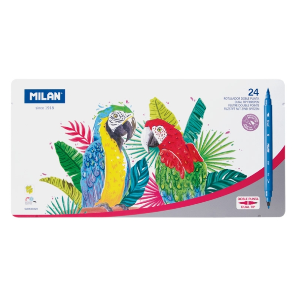 milan pack de 24 rotuladores doble punta fina pincel caja metalica punta fina 2mm pincel 0.5 a 4mm colores surtidos