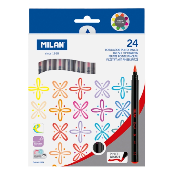 milan pack de 24 rotuladores punta pincel tinta al agua punta de pincel 0.5 a 4mm colores surtidos