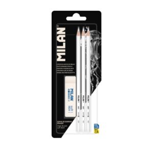 milan pack de 3 lapices + 1 goma para dibujo mina blanca para papel oscuro miga de pan flexible color blanco