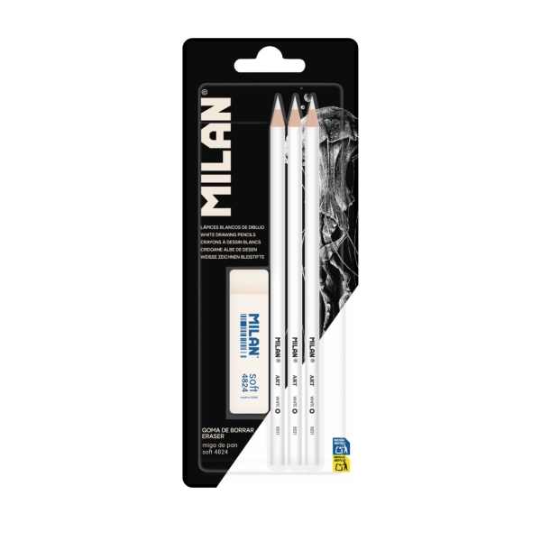 milan pack de 3 lapices + 1 goma para dibujo mina blanca para papel oscuro miga de pan flexible color blanco