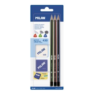 milan pack de 3 lapices + sacapuntas + goma de borrar triangulares durezas surtidas colores surtidos