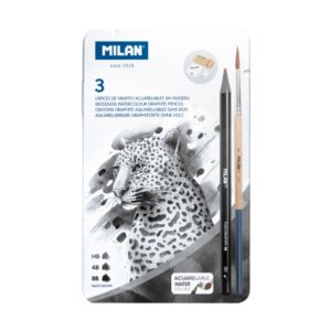 milan pack de 3 lapices de grafito acuarelables surtidos + sacapuntas + goma de borrar + pincel caja metalica bandeja interior color gris oscuro