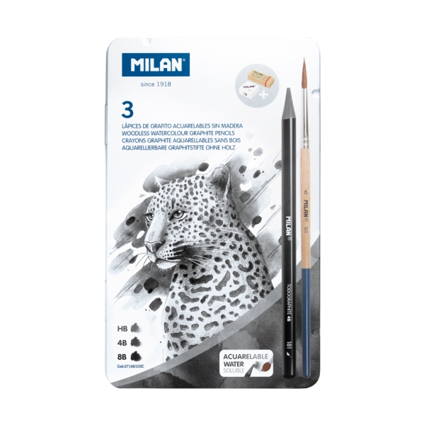 milan pack de 3 lapices de grafito acuarelables surtidos + sacapuntas + goma de borrar + pincel caja metalica bandeja interior color gris oscuro