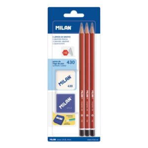milan pack de 3 lapices hb + sacapuntas + goma de borrar 430 hexagonales color rojo