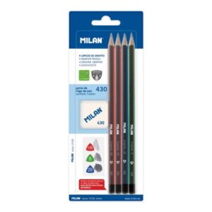 milan pack de 4 lapices + goma de borrar 430 triangulares durezas surtidas colores surtidos