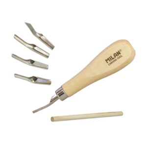 milan pack de 5 gubias para grabado hojas y puntas sutridas ergonomico color madera claro
