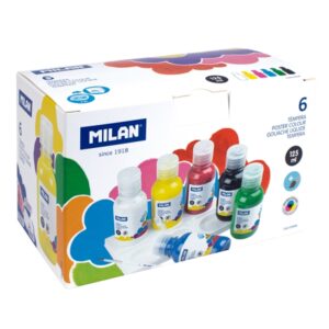 milan pack de 6 botellas de tempera 125ml por unidad incluye pincel mezclable secado rapido colores surtidos