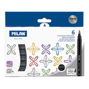 milan pack de 6 rotuladores punta pincel colores metalizados tinta al agua punta de pincel 0.5 a 6mm colores surtidos