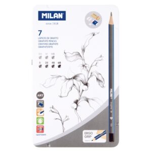 milan pack de 7 lapices + 1 sacapuntas + 1 gomas de caucho + 1 goma de miga de pan grado de durezas surtidas caja metalica durezas surtidas color gris oscuro