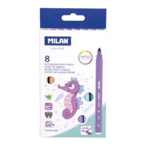milan pack de 8 rotuladores tinta al agua punta conica de 5mm colores pastel surtidos