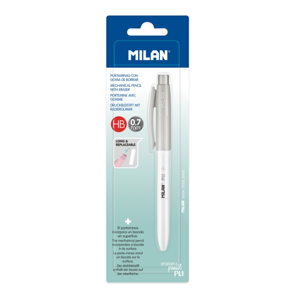 milan pl1 + portaminas 0.7mm superficie antibacteriana color gris