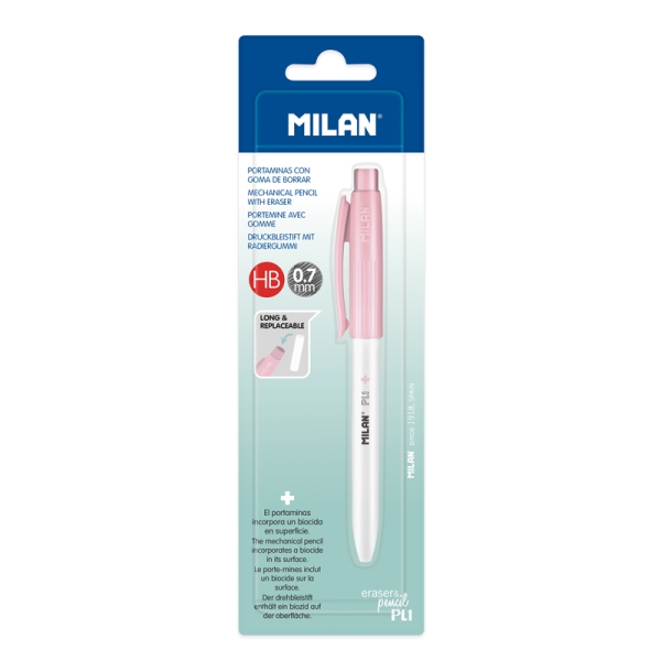 milan pl1 + portaminas 0.7mm superficie antibacteriana color rosa