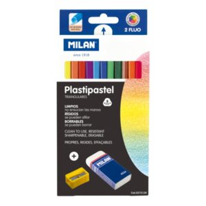 milan plastipastel pack de 12 ceras de colores triangulares incluye goma y sacapuntas bandeja interior colores surtidos