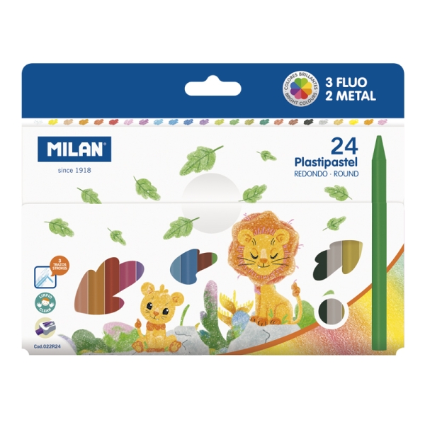 milan plastipastel pack de 24 ceras de colores redondas contiene 3 ceras fluo y 2 metal colores surtidos
