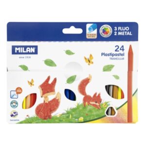 milan plastipastel pack de 24 ceras de colores triangulares contiene 3 ceras fluo y 2 metal colores surtidos